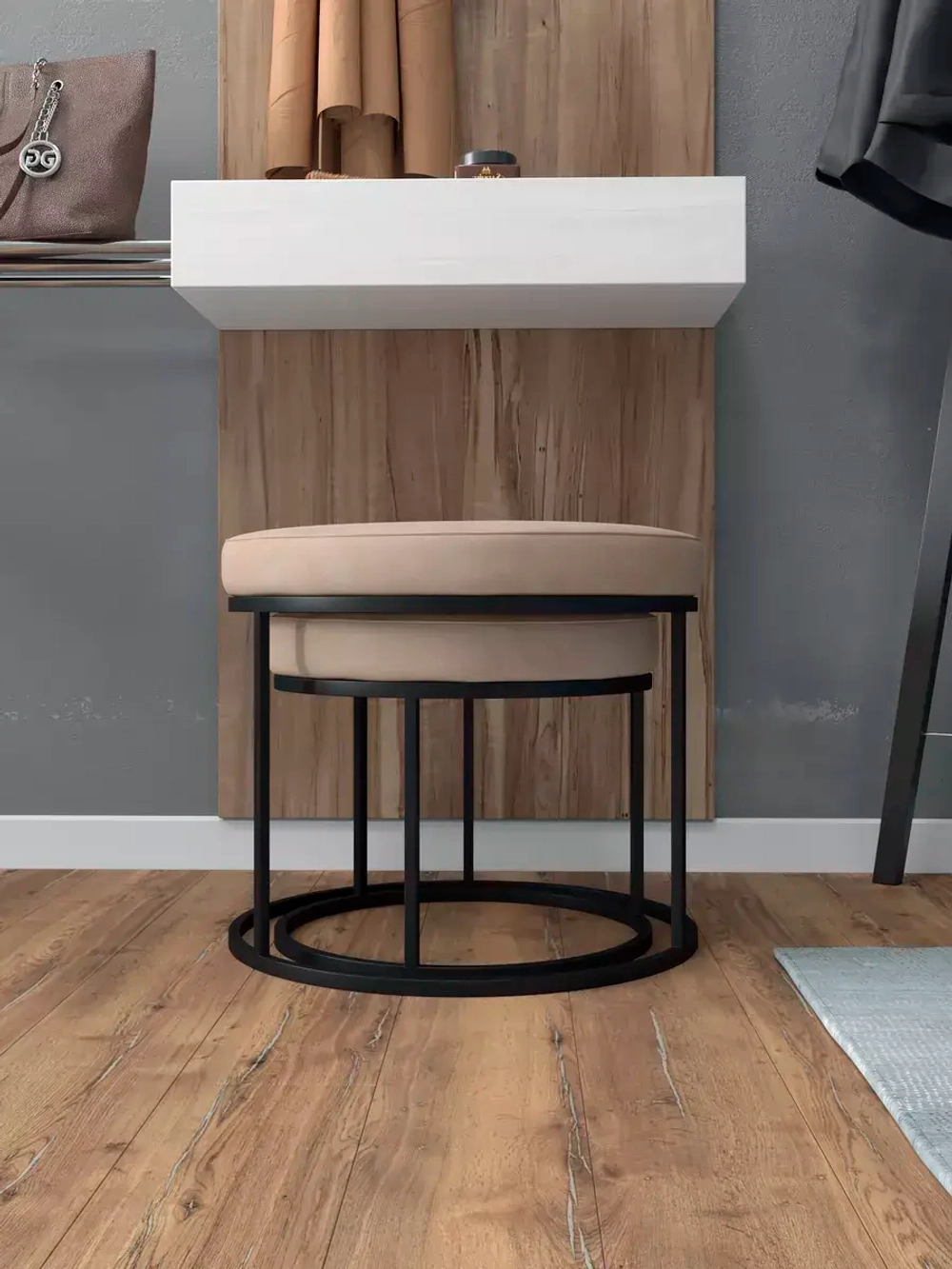 Комплект круглых банкеток - ЧБЕЖ - бежевое на черном