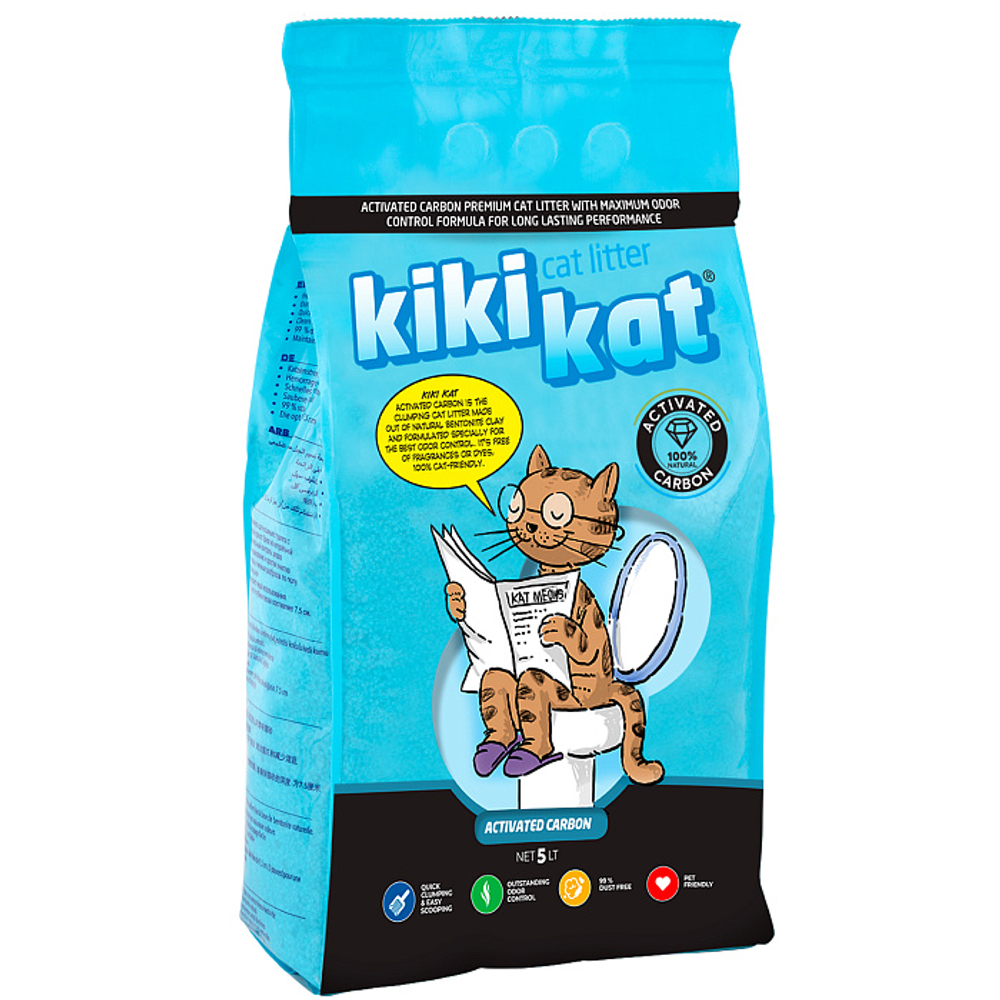Бентонитовый наполнитель для кошачьего туалета KikiKat супербелый комкующийся, с активированным углем, 5 л
