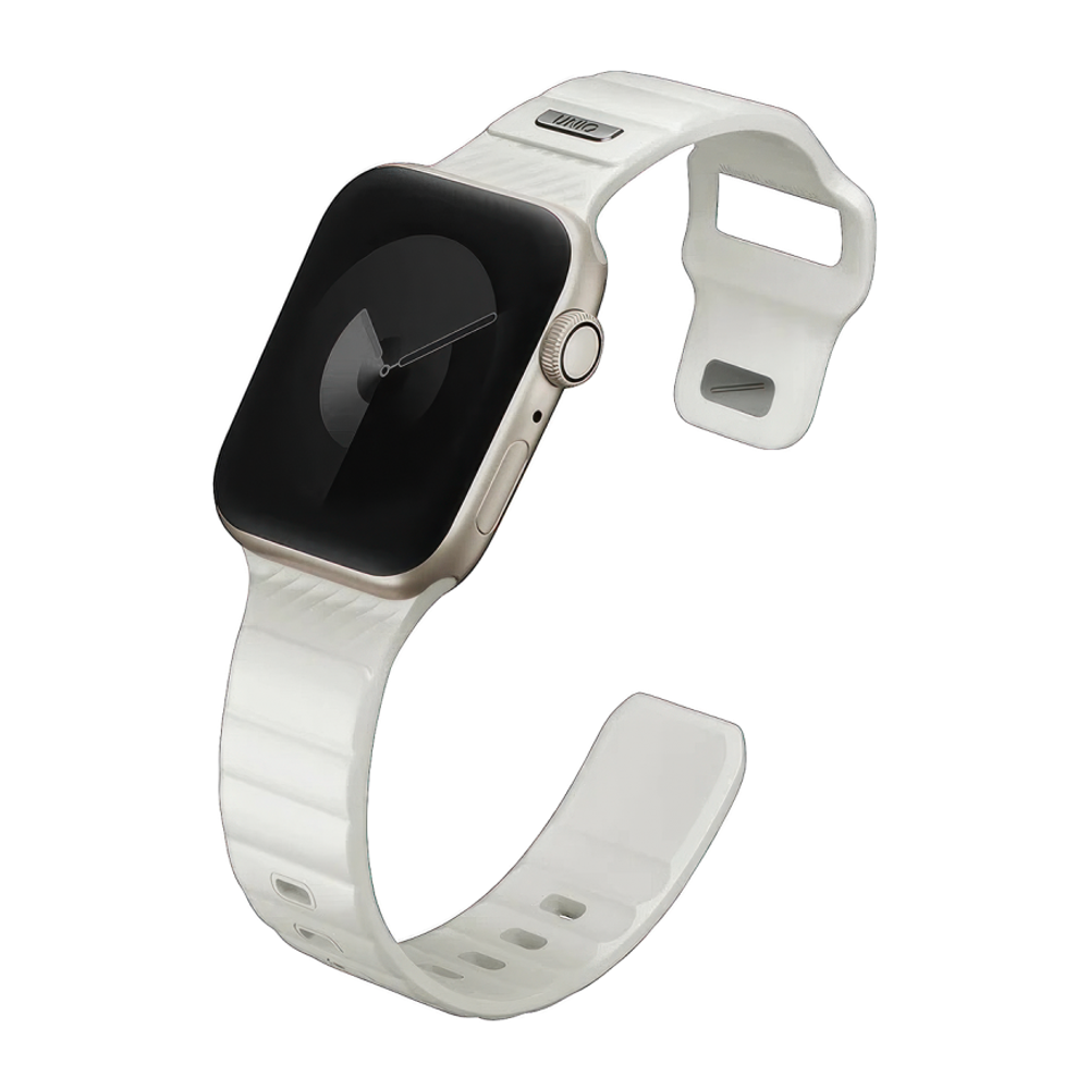 Спортивный ремешок Uniq Stride SE для Apple Watch 44, 45, 46 мм и Ultra 2–3 Водостойкий ремешок из фторэластомера с застёжкой pin-and-tuck из нержавеющей стали. На запястье обхватом 130–190 мм