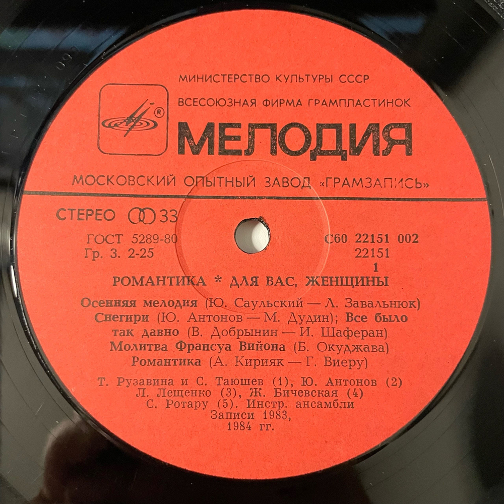 Винтажная виниловая пластинка LP Сборник Романтика (СССР 1985) (Алла Пугачева, Юрий Антонов, София Ротару и др)