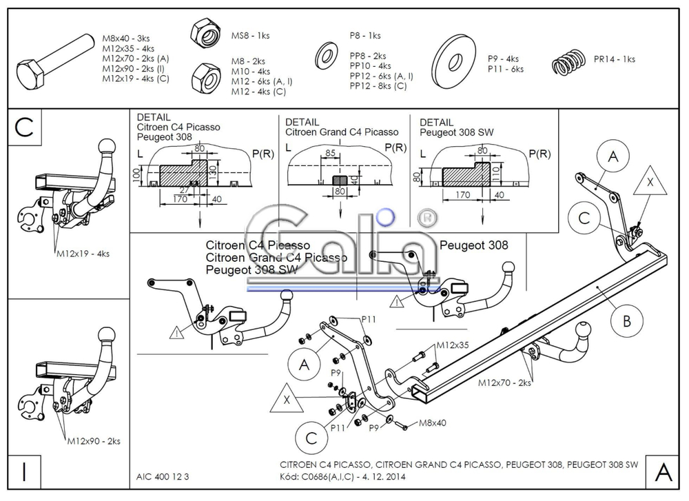 Фаркоп оцинкованный Galia C068A для Citroen C4 Picasso, C4 Grand Picasso 2013-, Peugeot 308 хетчбек, универсал 2013-(паспорт и сертификат в комплекте)(без электрики)