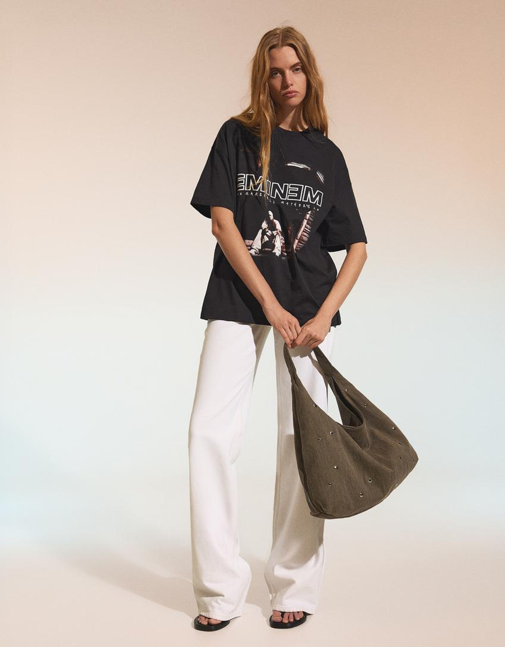BERSHKA Футболка оверсайз с коротким рукавом и принтом Eminem, серый