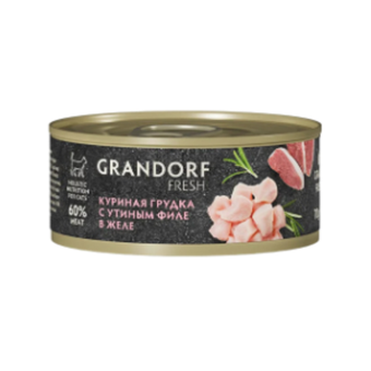Влажный корм GRANDORF FRESH Chicken with duck in jelly Консервы для кошек GRANDORF FRESH Куриная грудка с утиным филе в желе 6уп по 70гр
