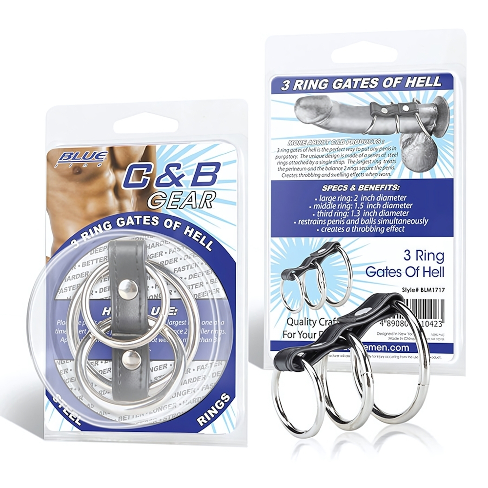 Хомут на пенис из трех металлических колец 3 RING GATES OF HELL (Цвет: черный с серебристым)