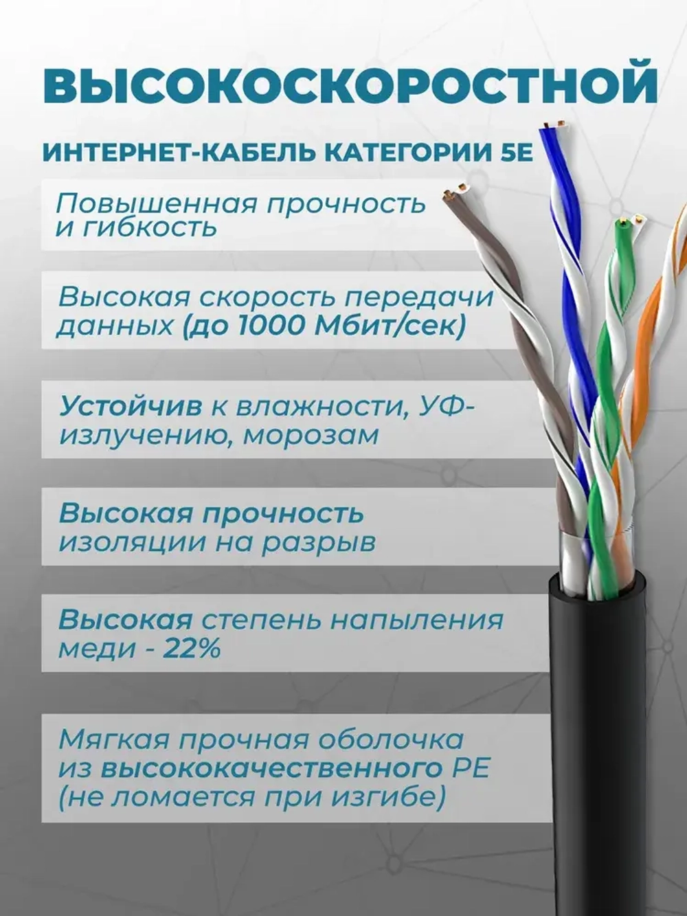 Витая пара, интернет кабель уличный, 50 метров, CCA, UTP, 8 жил