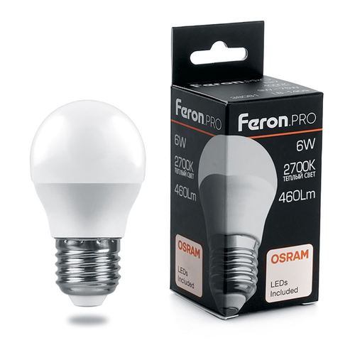 Feron.PRO Лампа св/д шар G45 E27 6W 475lm 4000K 4K матовый 81x48 OSRAM LED