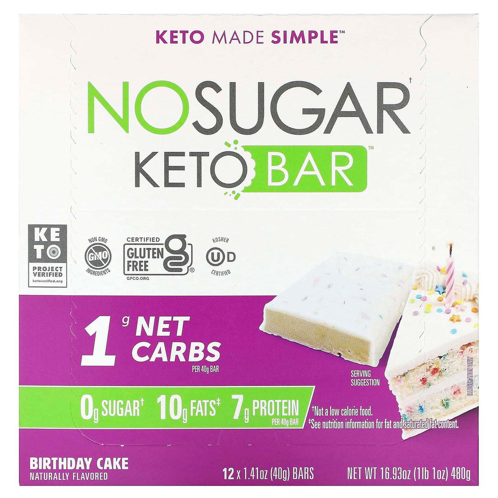 No Sugar Company, Keto Bar, праздничный торт, 12 батончиков по 40 г (1,41 унции)