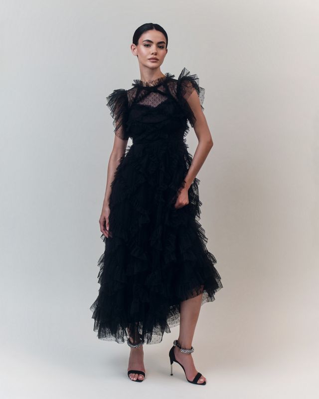 Платье макси сетка с рюшами