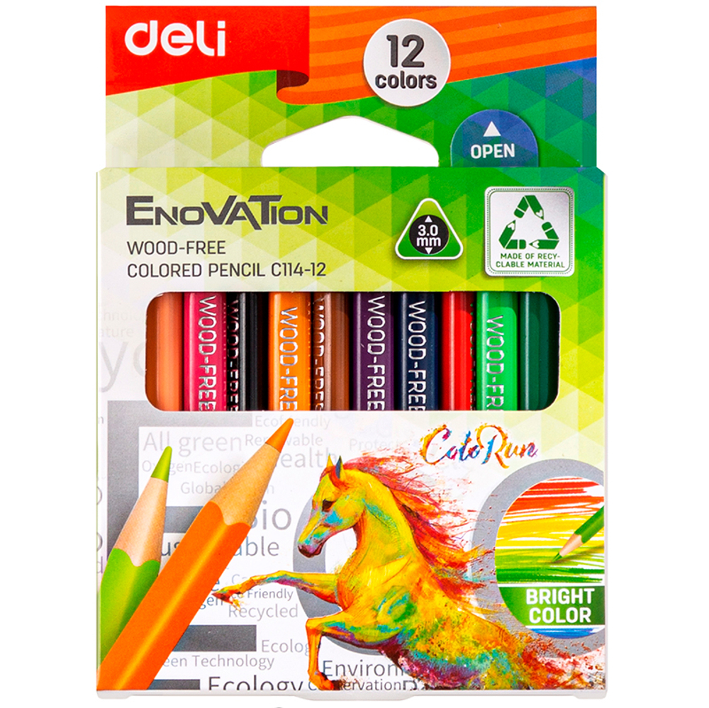 Карандаши цветные Deli "Enovation", короткие, 12 цвета, PS, картон
