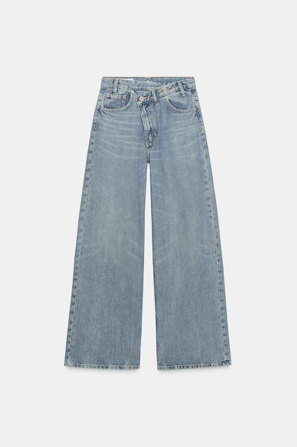 ZARA ДЖИНСЫ TRF WIDE LEG С ПЕРЕКРЕСТНОЙ ТАЛИЕЙ И ВЫСОКОЙ ПОСАДКОЙ, ВЫЦВЕТШИЙ СИНИЙ