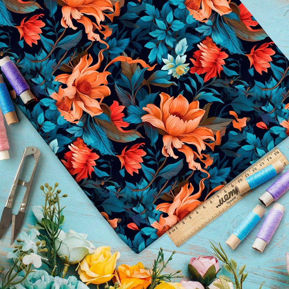 Ткань премиум габардин цветочные акценты в сумерках