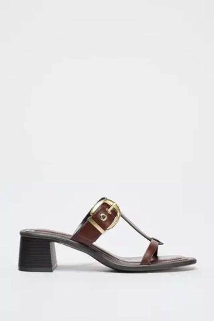 ZARA КОЖАНЫЕ БОСОНОЖКИ НА ШИРОКОМ КАБЛУКЕ, КОРИЧНЕВЫЙ