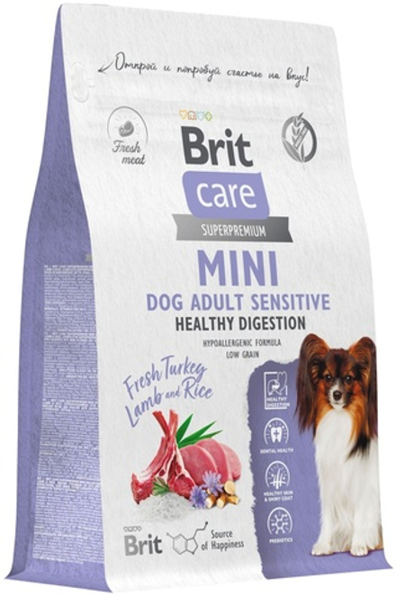 BRIT CARE Mini, Сух.корм с инд и ягн для вз.cоб.мин.п,"Ad.Sensitive.Healthy Digestion",0.4кг,5079117
