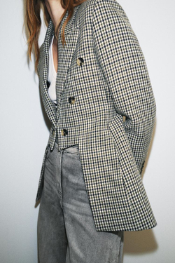 ZARA АСИММЕТРИЧНЫЙ БЛЕЙЗЕР В КЛЕТКУ ИЗ ШЕРСТЯНОЙ ТКАНИ — ZW COLLECTION LIMITED EDITION, КАМЕННО-СЕРЫЙ