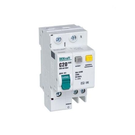 Выключатель автоматический дифференциального тока 2п (1P+N) C 20А 300мА тип AC ДИФ-101 со встроен. защит. от сверхтоков DEKraft 15239DEK