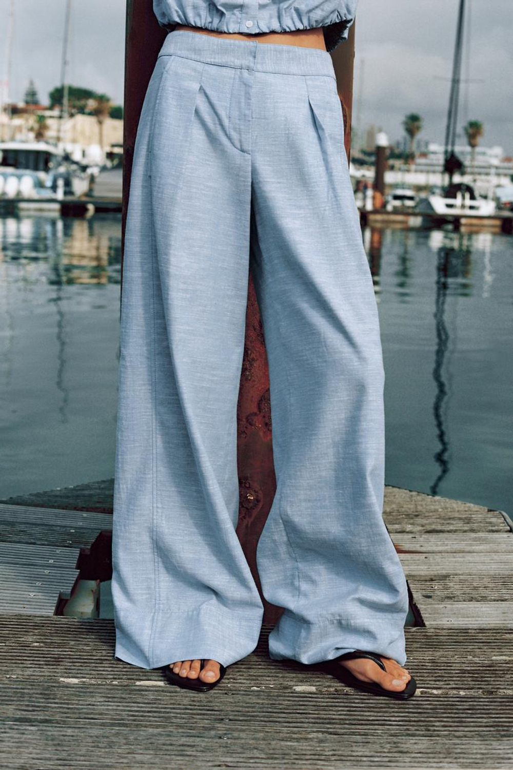 ZARA ШИРОКИЕ БРЮКИ ИЗ ЛЬНА, ГОЛУБОЙ
