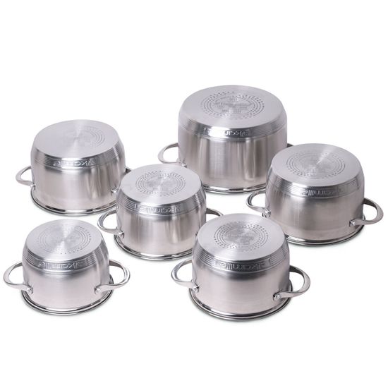Набор кастрюль 12 предметов Kamille KM-4704S из нержавеющей стали (1,8 л; 2х2,3 л; 2х3,3 л; 5,8 л. 7-слойное дно)
