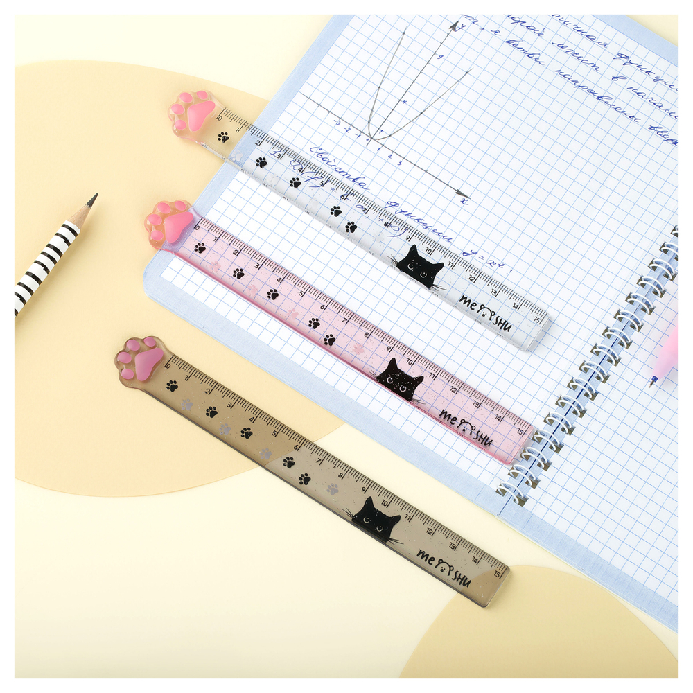 Линейка 15см MESHU "Paw", пластиковая, тонированная, с блестками, ассорти, европодвес MS_56493