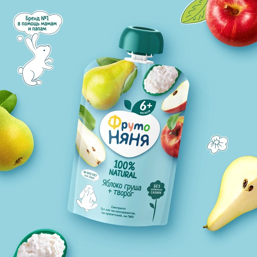 Фрутоняня пауч пюре из яблок, груши творога 90г с 6 месяцев