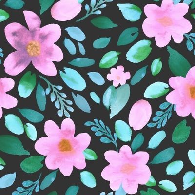 Розовые акварельные цветы на черном фоне