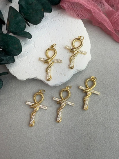 Подвеска "Анкх" с фианитами, позолота 14к, 35*22 мм