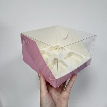 Коробка на 4 капкейка ПРЕМИУМ (Розовая матовая), 16*16*10 см