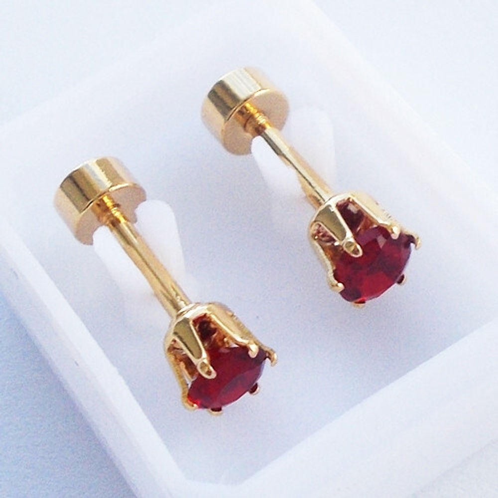 Микроштанга ( 6 мм) для пирсинга уха с красным кристаллом 4 мм. Медицинская сталь, золотое анодирование. 1 шт