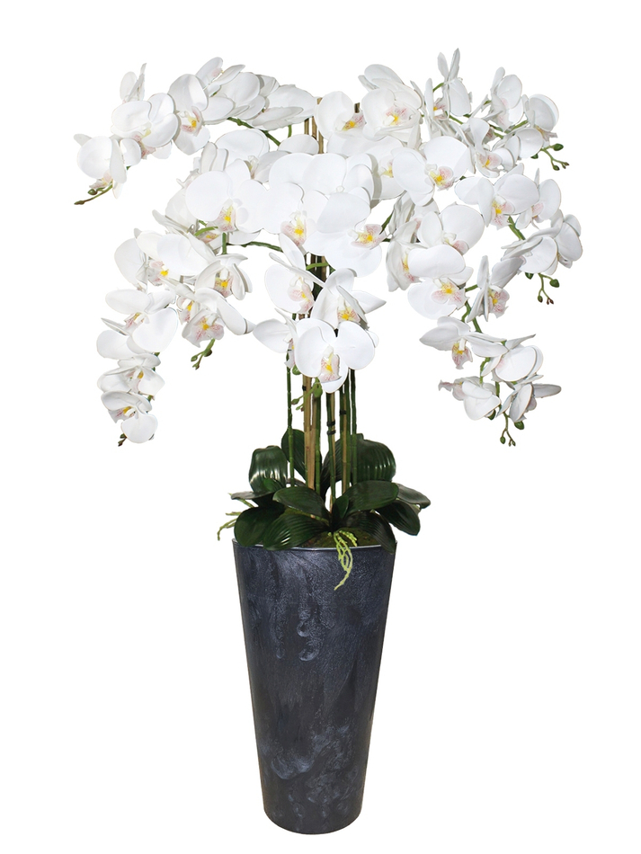 Искусственные орхидеи белые люкс 7 веток в кашпо Графит