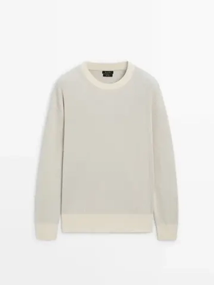 Massimo Dutti Свитер из хлопка букле с круглым вырезом, натуральный, кремовый