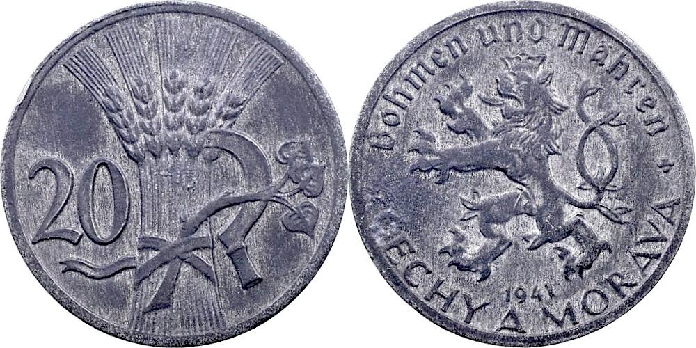 Богемия и Моравия 20 геллеров, 1940 - 1944 Герб XF