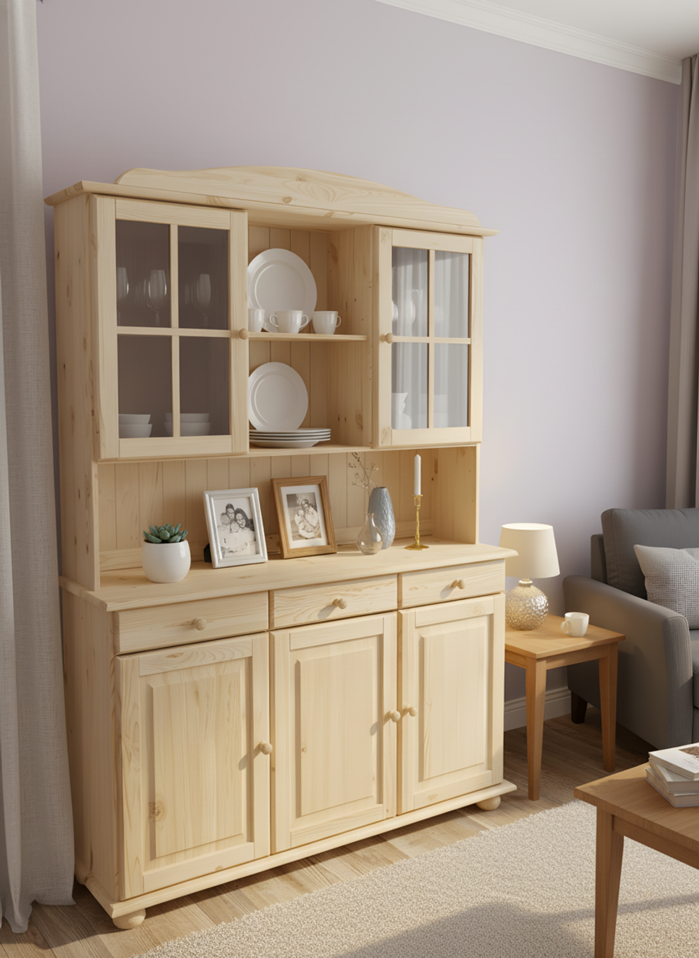 Буфет шкаф 132х28х109 Лена двухдверный из сосны с 3 полками (верхняя часть буфета Лена), в натуральной отделке