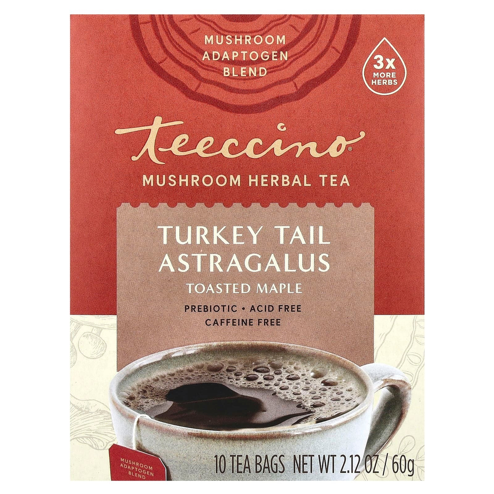 Teeccino, Травяной чай с грибами, индейка и астрагал, поджаренный клен, без кофеина, 10 чайных пакетиков, 60 г (2,12 унции)