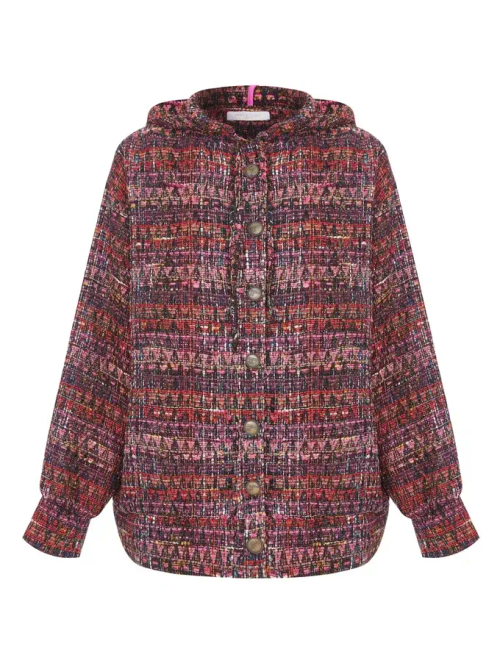 Жакет миди прямой из твида с капюшоном, бордовый