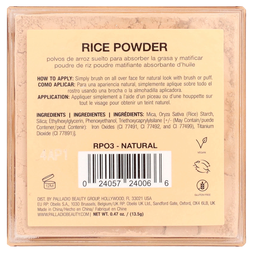 Palladio, рисовый порошок, RPO3 Natural, 13,5 г (0,47 унции)