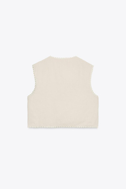 ZARA ХЛОПКОВЫЙ ЖИЛЕТ С ВЫШИВКОЙ «ЦВЕТЫ», ЭКРЮ