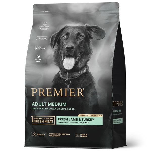 Сухой корм Premier Dog Lamb&Turkey Adult Medium для собак средних пород из свежего мяса ягненка с индейкой