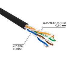 Витая пара Rexant (01-0045-R) Кабель витая пара U / UTP, CAT 5e, PE, 4PR, 24AWG, OUTDOOR, SOLID, черный, 305м