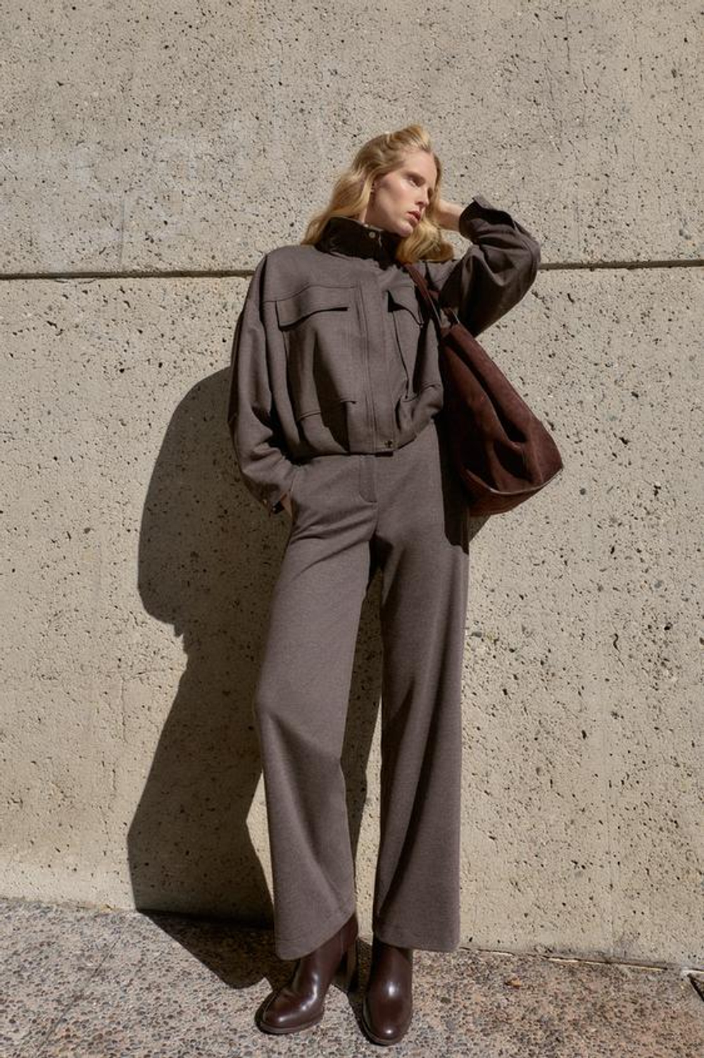 ZARA БРЮКИ ПРЯМОГО КРОЯ С ВЫСОКОЙ ПОСАДКОЙ, КОРИЧНЕВЫЙ МЕЛАНЖ