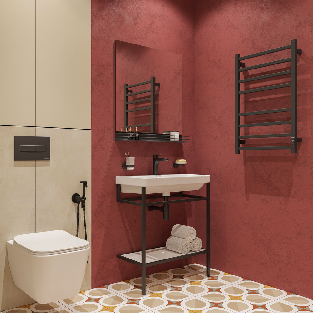 Полотенцесушитель электрический EWRIKA Пенелопа L2 80x55 см, подключение справа, слева, скрытое подключение справа, матовый черный, лесенка, из стали