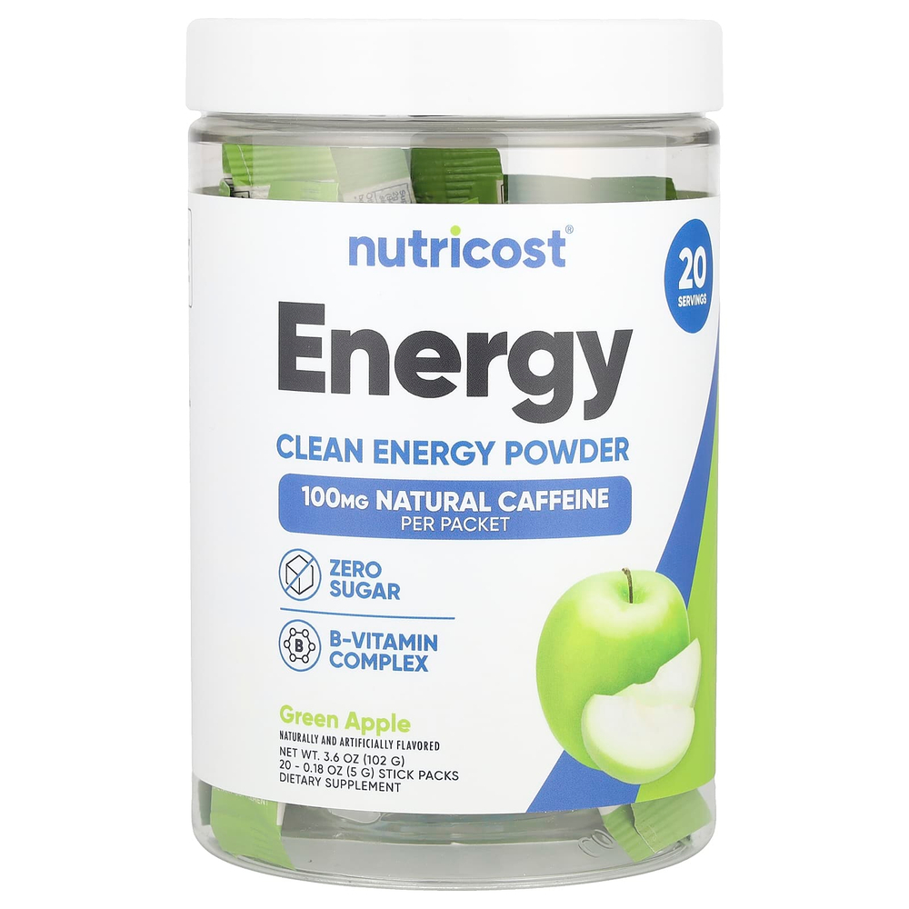 Nutricost, Energy, Clean Energy в порошке, зеленое яблоко, 20 пакетиков по 5 г (0,18 унции)