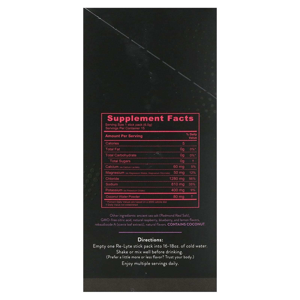 Redmond Trading Company, Re-Lyte, смесь электролитов, ягодное ассорти, 15 пакетиков по 6,5 г (0,23 унции)