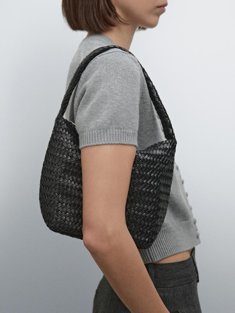 Massimo Dutti Сумка-мешок из кожи наппа с плетеным узором, черный