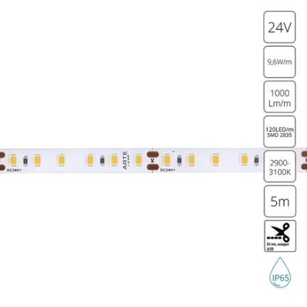 Светодиодная лента 24V 9,6W/m 3000К 5м Arte Lamp AQUA TAPE