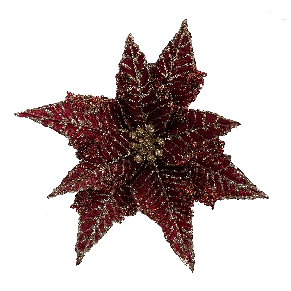 Цветок пуансеттия на клипсе 20см ChristmasDeLuxe premium collection бордовая