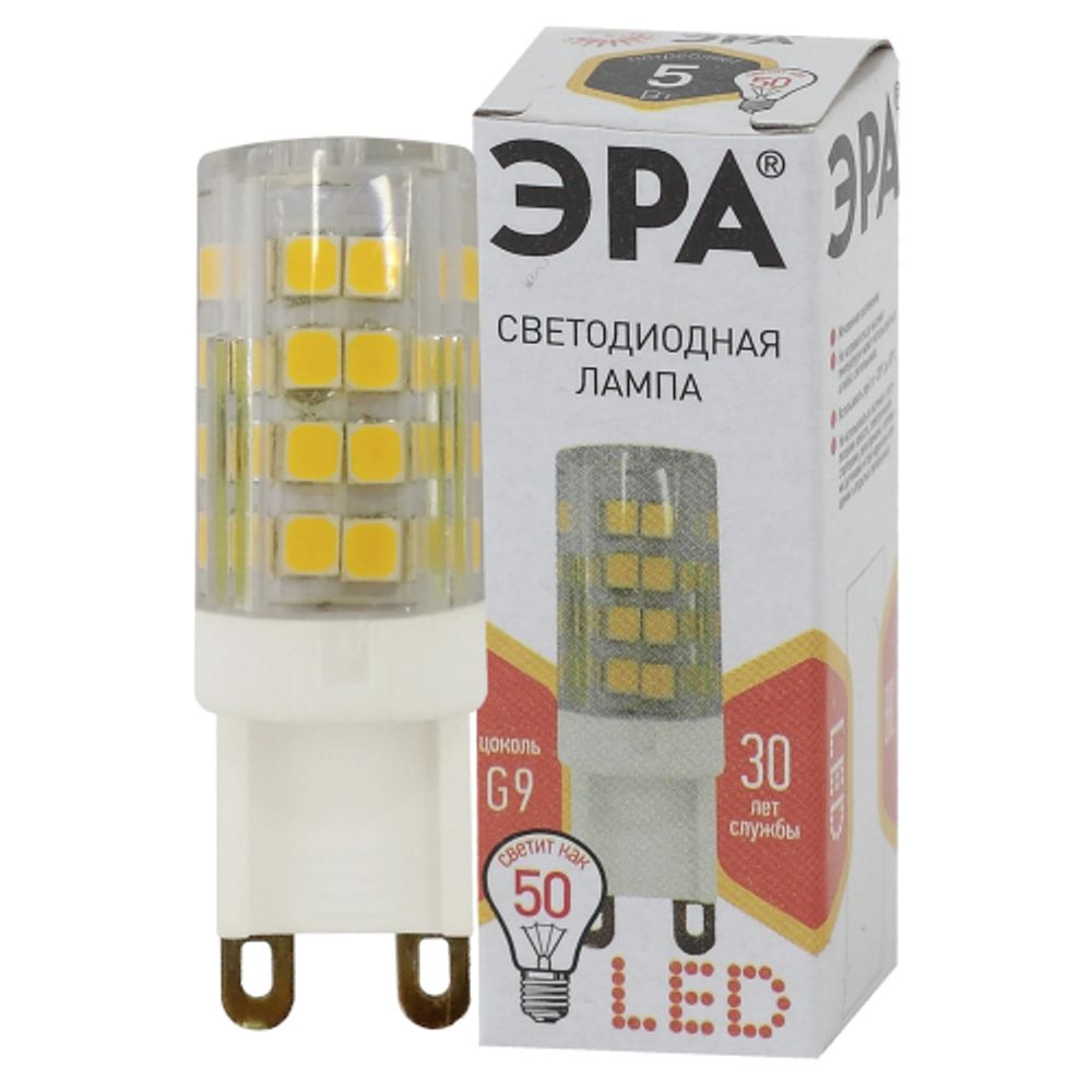 Лампа светодиодная ЭРА STD LED JCD-5W-CER-827-G9 5Вт керамика капсула теплый белый свет G9 | Лампы cветодиодные Капсульные (G4, G9)