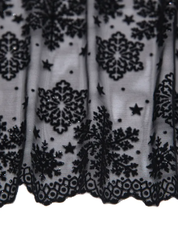 0142 ОПТ Кружево эластичное 19 см, Италия, флок, снежинки, черный