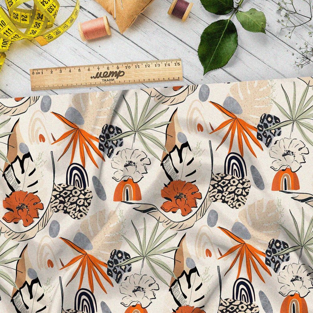 Ткань дюспо листья с оранжевыми цветами