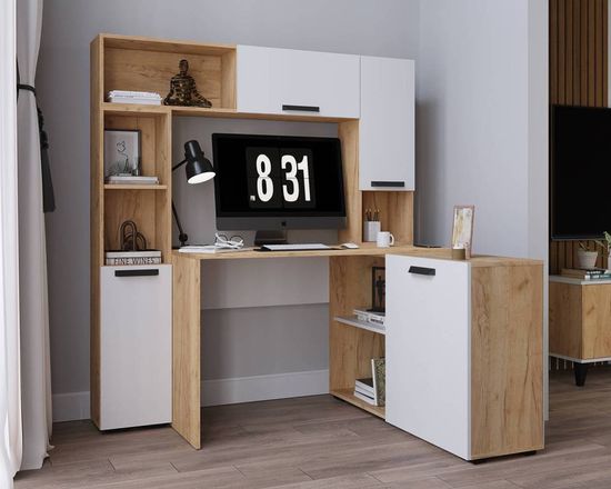 Стол письменный 1450 КВАРТЕТ-13 дуб крафт золотой / белый поры дерева