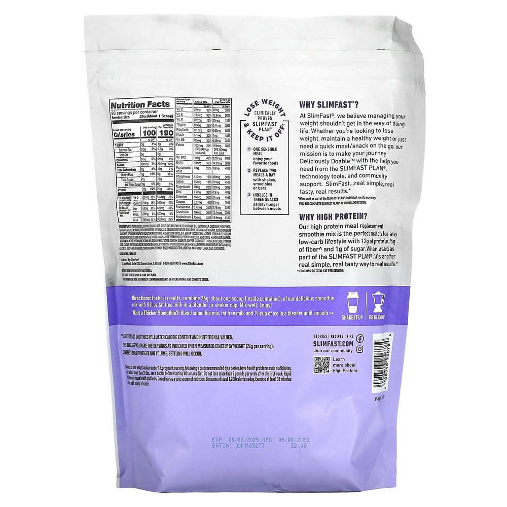 SlimFast, протеиновая смесь для смузи, заменяющая прием пищи, со вкусом шоколада, 676 г (1,49 фунта)