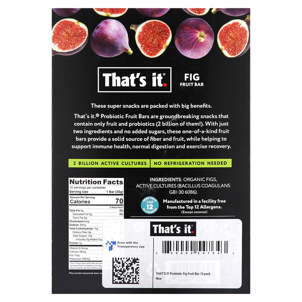 That's It, фруктовый батончик с пребиотиками и пробиотиками, инжир, 12 батончиков по 35 г (1,2 унции)